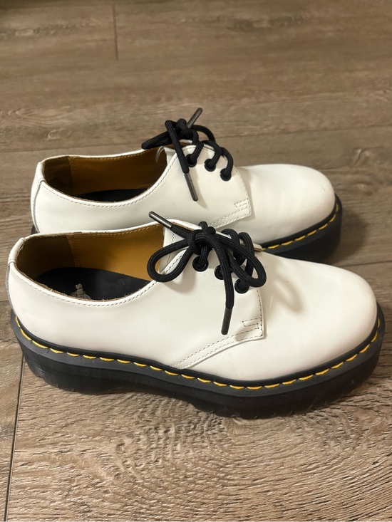 Dr. Martens Shoes - Dr. Martens White Leather 1461 Quad Platform Derbys Classic Yellow Stitching 38